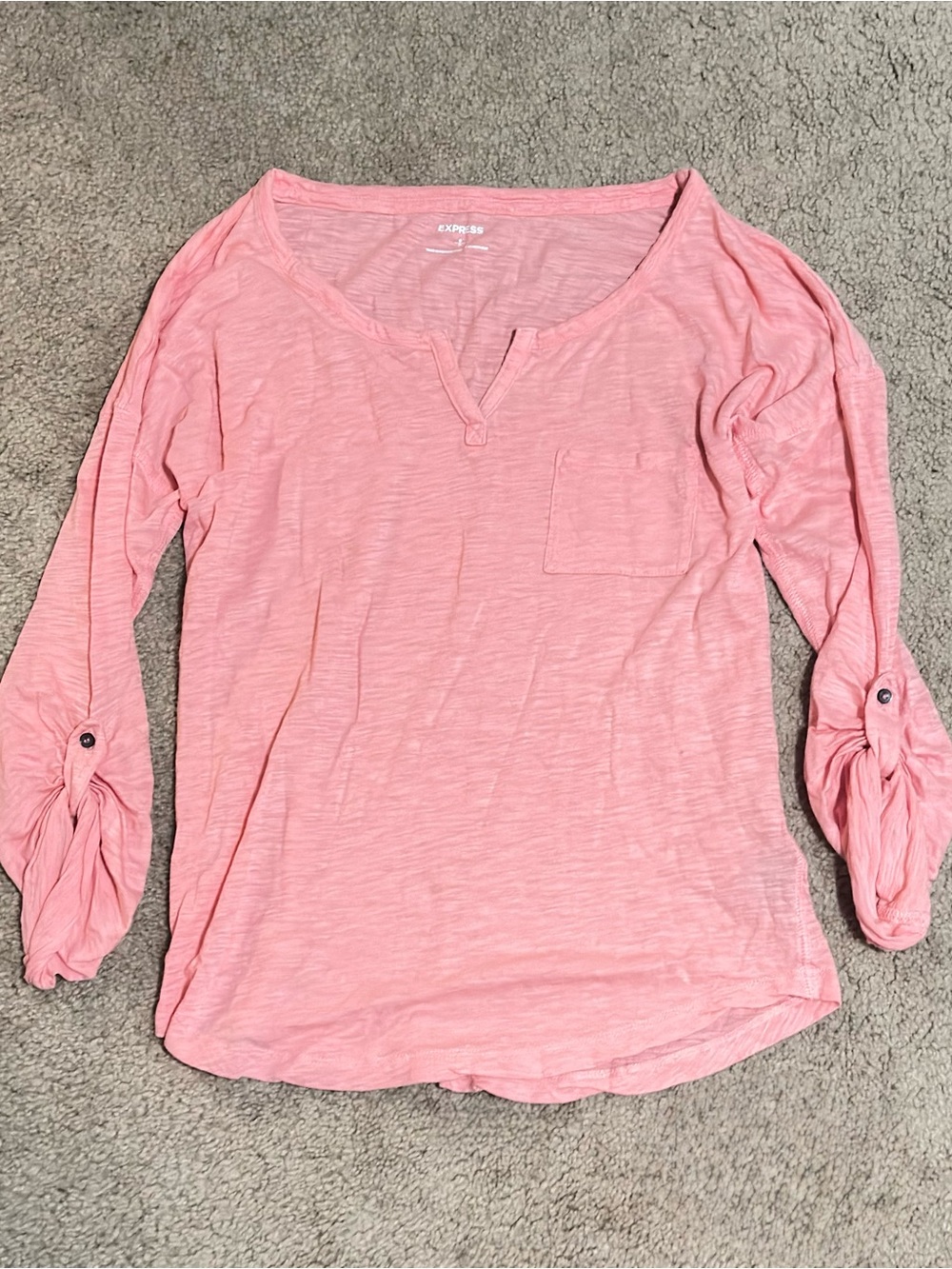 Express Coral Long-Sleeve V-Neck Pocket Top Button Sleeves Women’s SIZE S